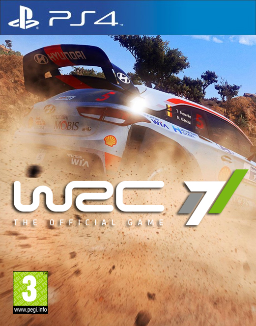 Couverture du jeu WRC 7 avec une voiture de rallye en action sur un chemin de terre. Le logo PS4 est visible.