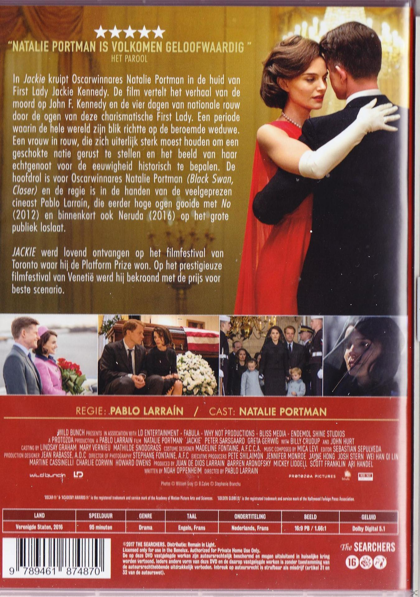 Achterkant van de dvd-hoes voor "Jackie" met tekst en afbeeldingen, witte achtergrond.