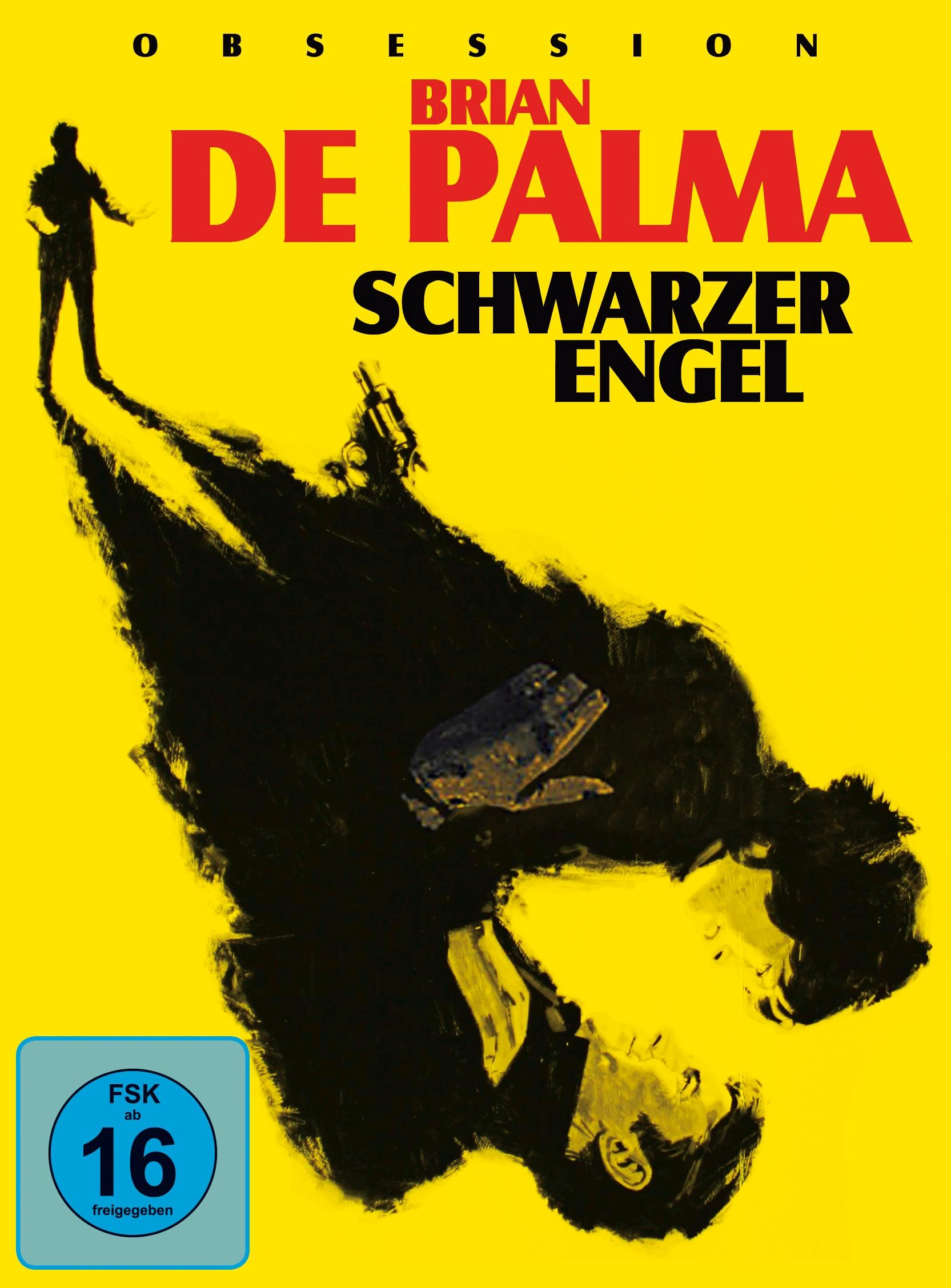 Filmplakat: Obsession von Brian De Palma. Gelber Hintergrund mit einer Männersilhouette.