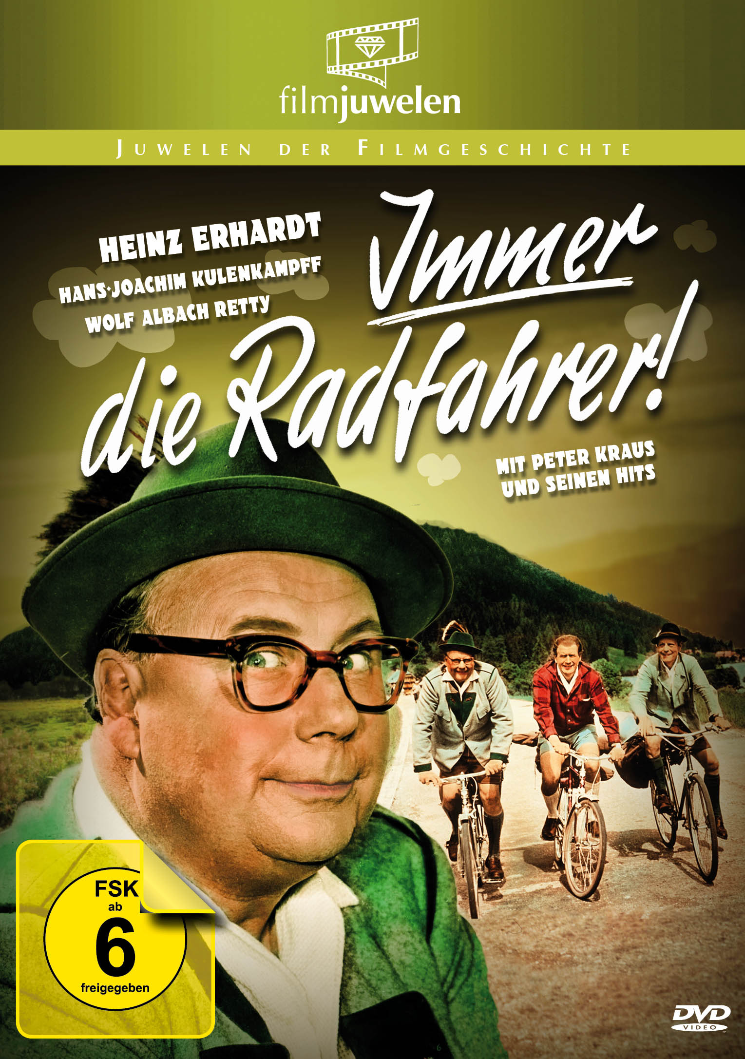 Kinoposter mit einem Mann mit Hut, Radfahrern im Hintergrund und deutschem Text.