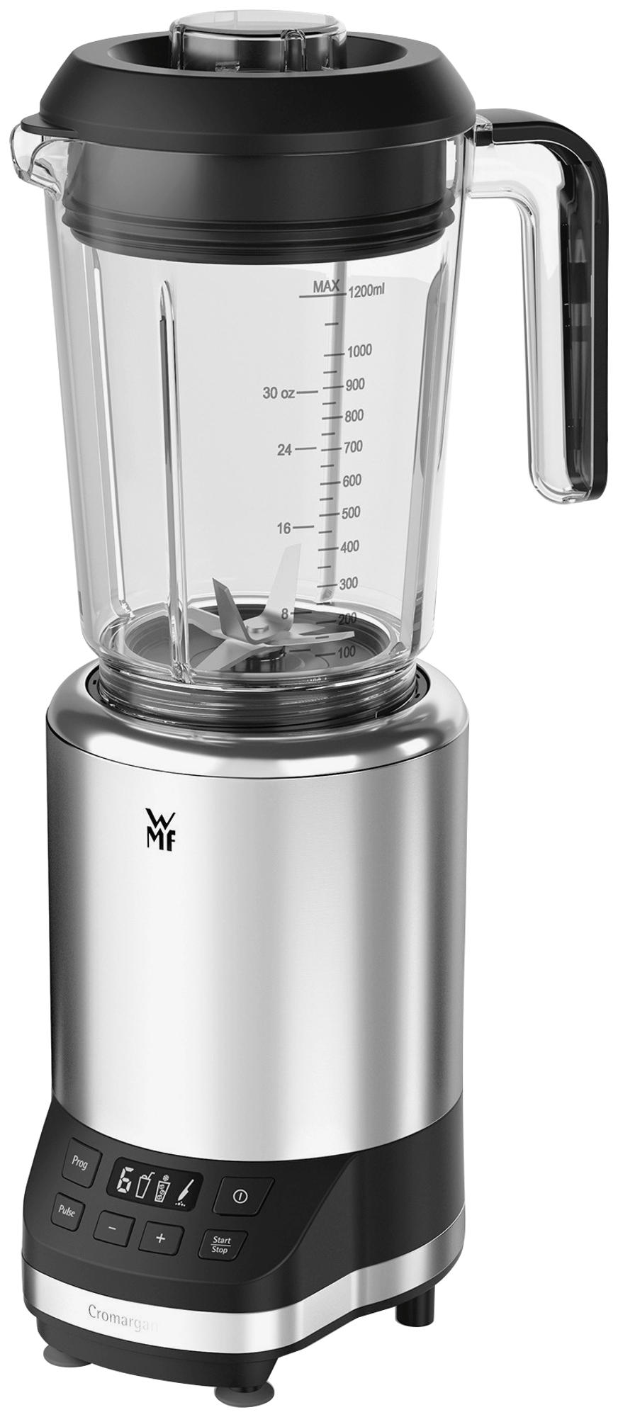 Silberner und schwarzer Mixer mit Glasbehälter. Der Behälter ist klar. Der Sockel hat ein Display und Knöpfe.