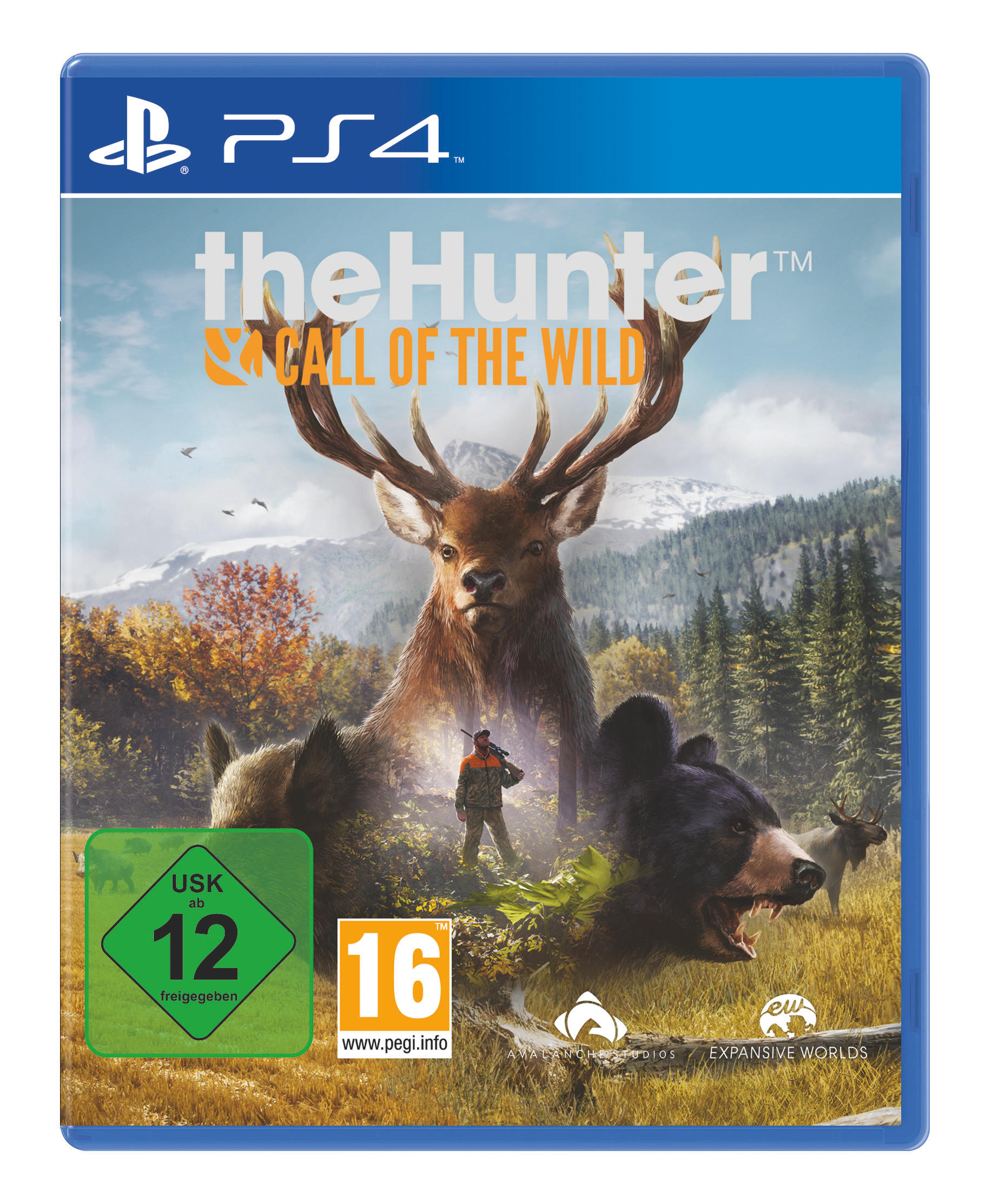 Spielcover: theHunter: Call of the Wild. Ein Jäger mit einem Hirsch und einem Bären.