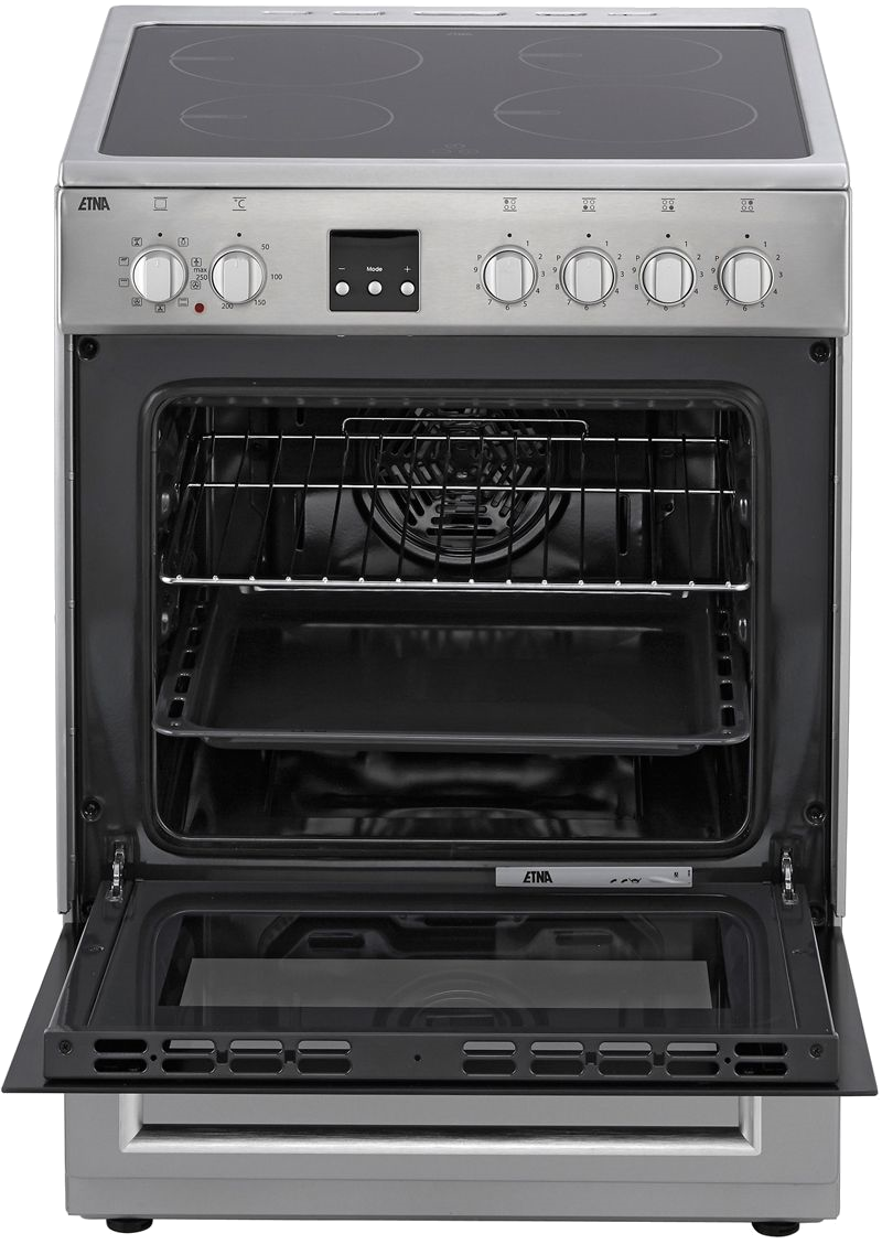 Stainless steel ETNA oven with open door. Shows interior racks and controls on the top panel.