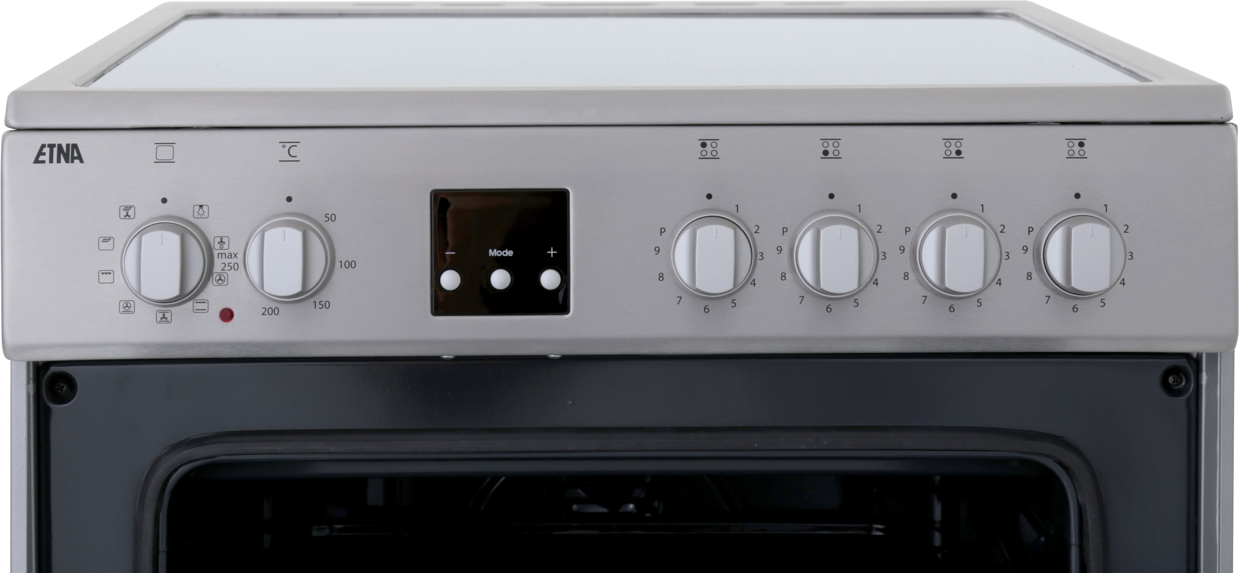 Silver oven control panel with knobs and a display. The oven door is black.