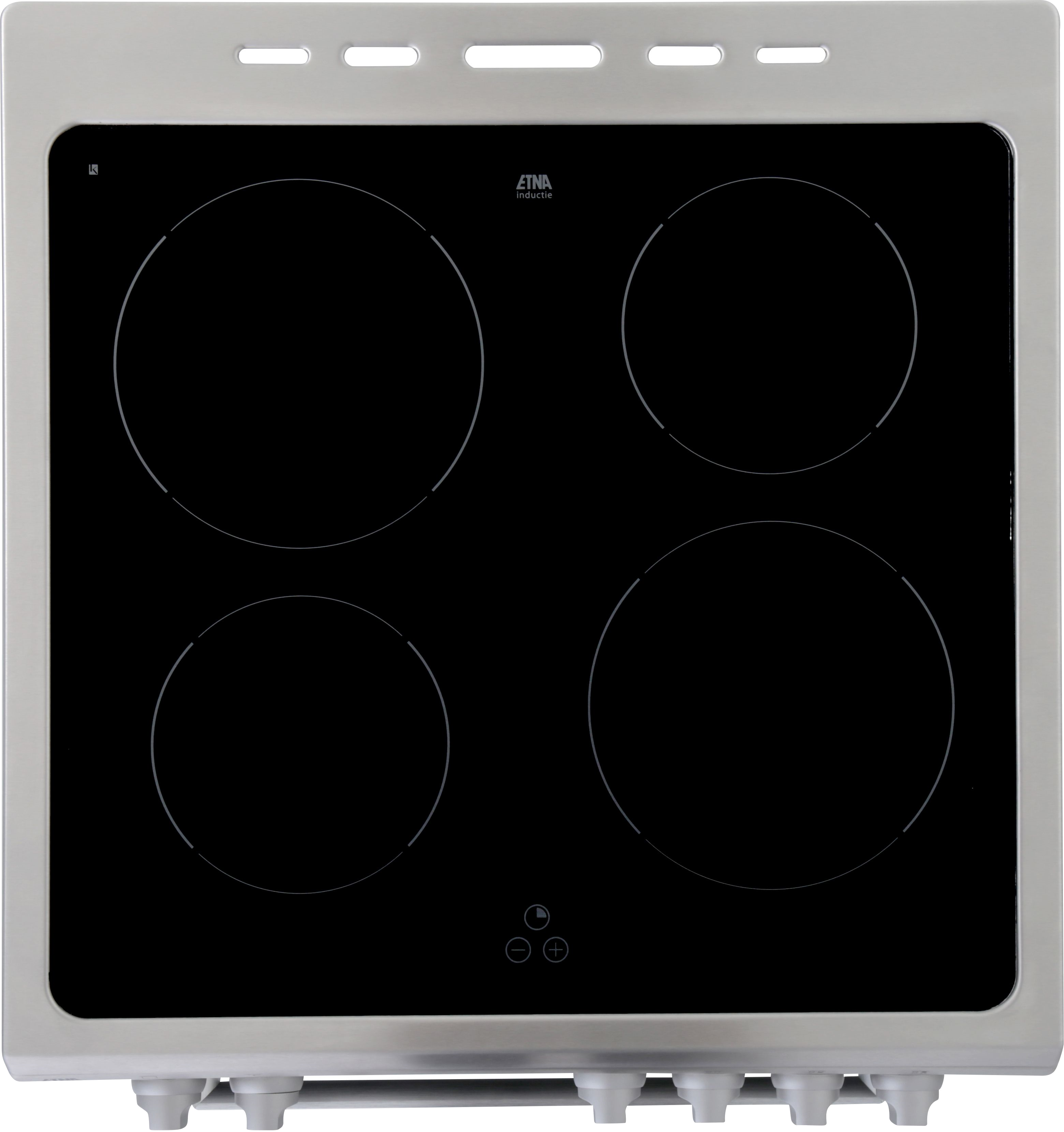 A black cooktop with four circular burners and a stainless steel frame.