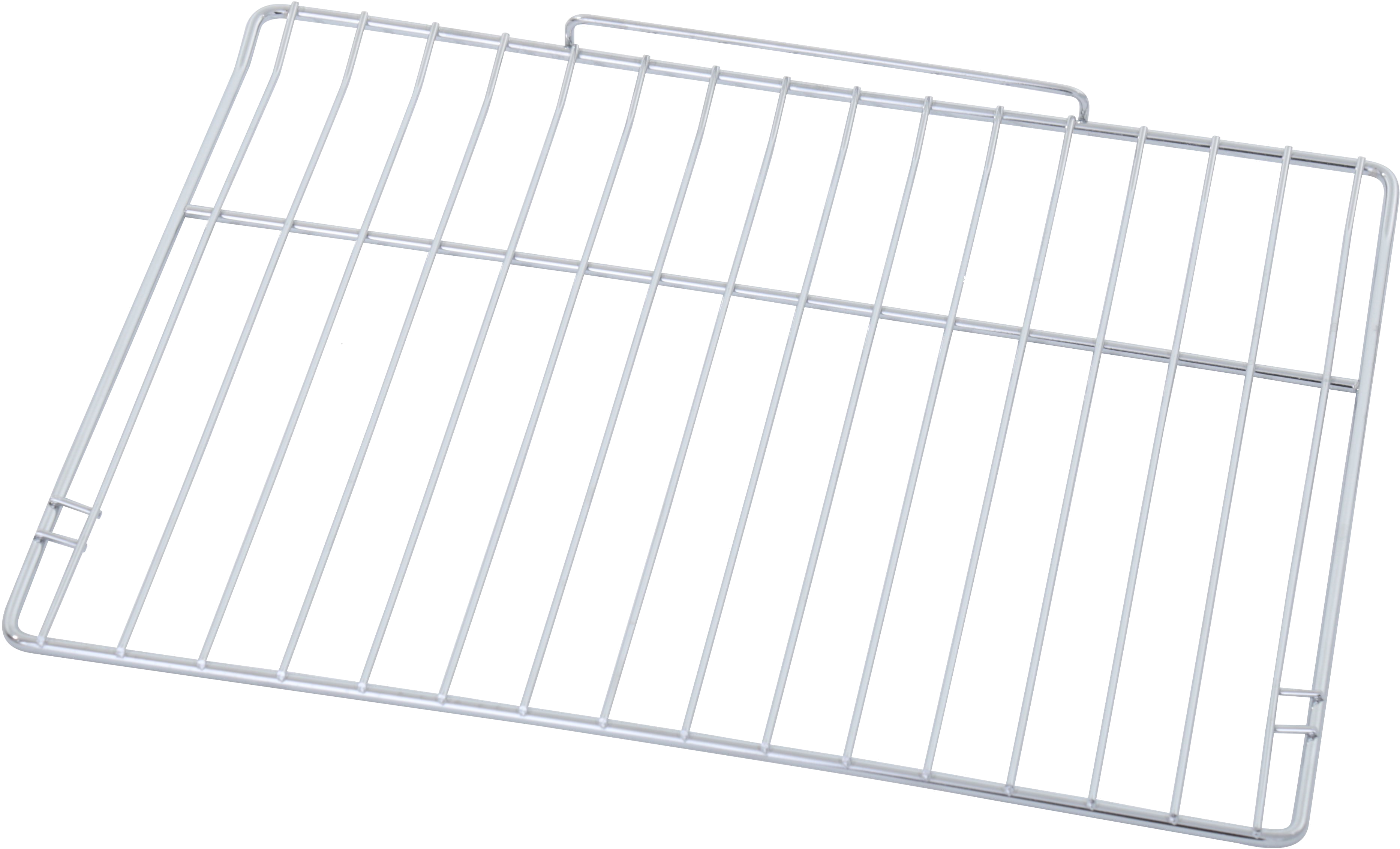 A white metal oven rack on a black background. The rack has a rectangular shape.