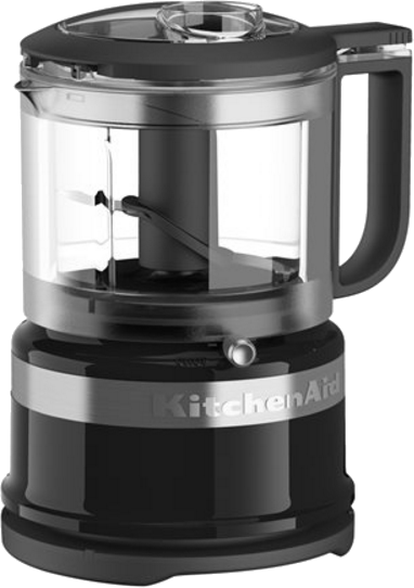 Robot culinaire KitchenAid mini noir, avec un bol et un couvercle transparents, et une poignée noire sur le côté droit.