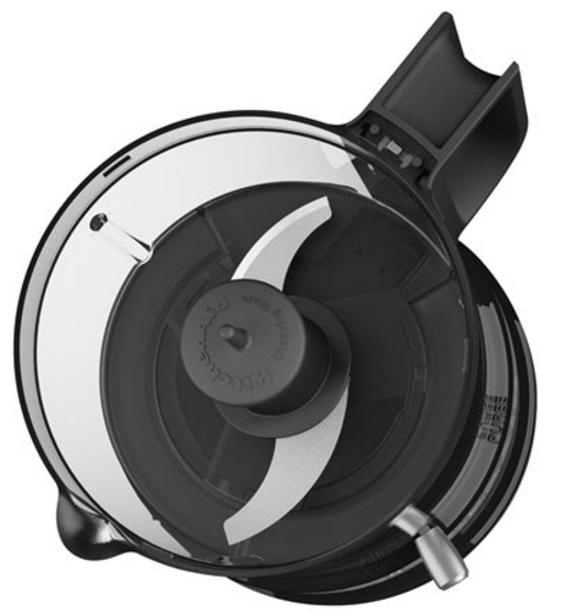 Vue de dessus d'un accessoire de robot culinaire KitchenAid noir avec lames, sur fond blanc.