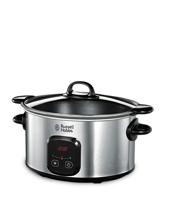 Zilveren slowcooker. Roestvrij staal met zwarte accenten, digitaal display. Glazen deksel. Merk Russell Hobbs.