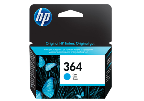 HP tintapatron doboz pillangókkal. Szöveg: 364 Cyan.