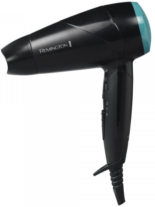 Zwarte en blauwgroene Remington-föhn op een witte achtergrond. De föhn heeft een mondstuk en een handvat.