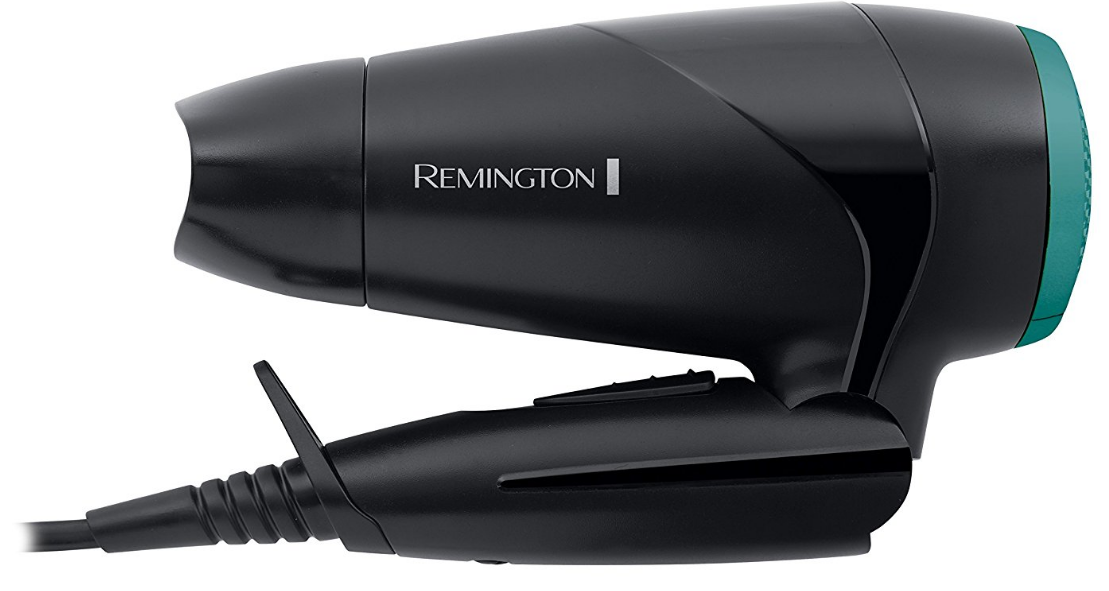 Zwarte haardroger met groene accenten, merknaam "Remington" zichtbaar.