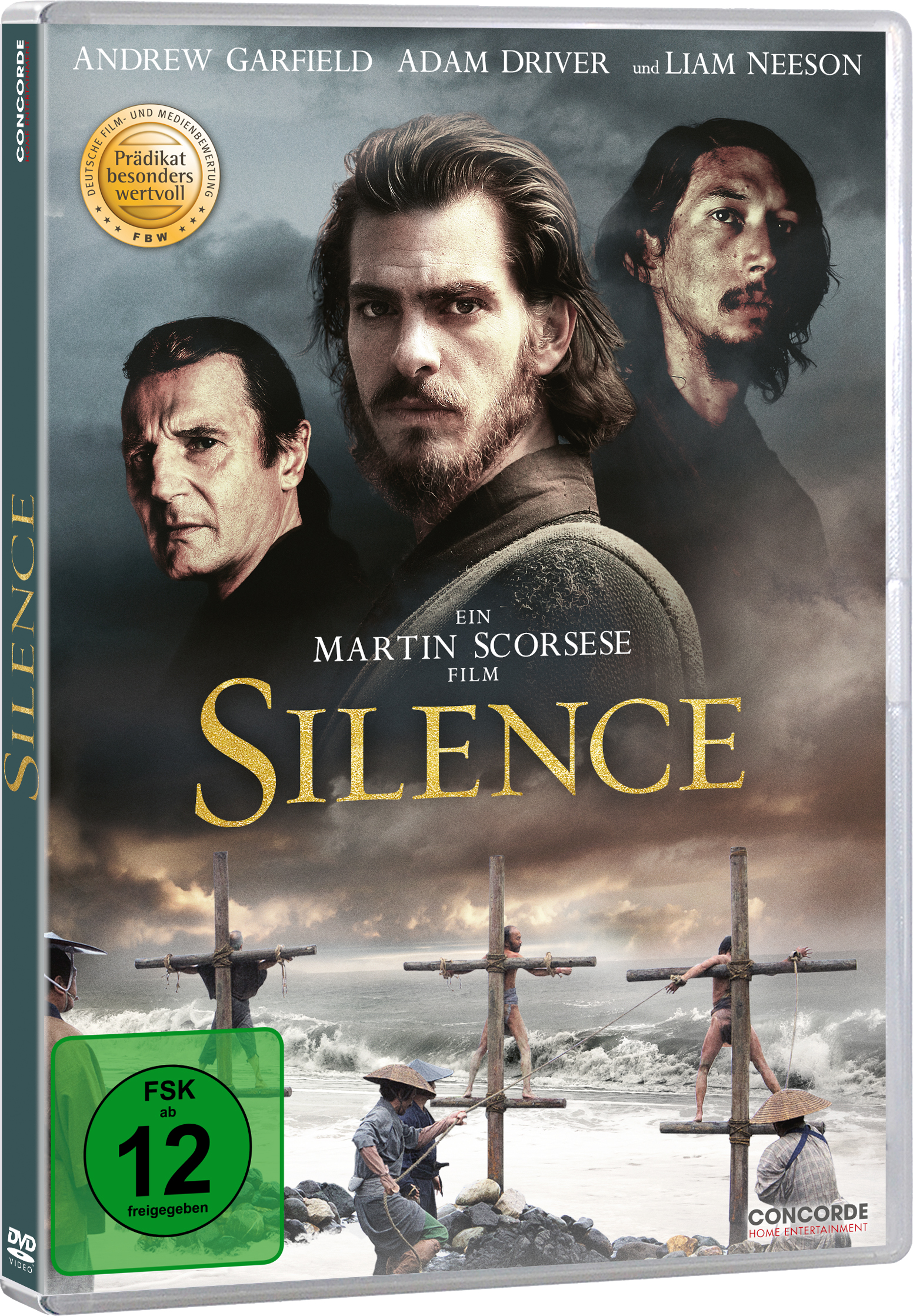 DVD-Cover des Films mit Schauspielern. Andrew Garfield und Adam Driver sind die Hauptdarsteller. Der Titel ist Silence.