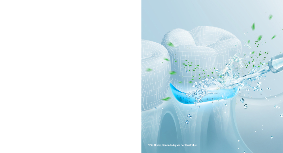 Eine Illustration eines Zahns, der mit Wasser gereinigt wird, wodurch ein blauer Effekt entsteht.