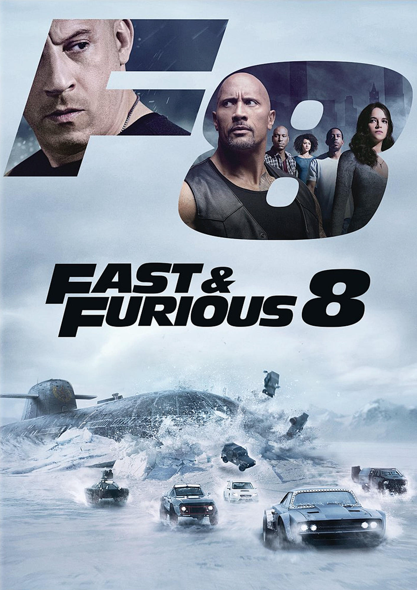 Filmposter voor Fast & Furious 8, met acteurs en auto's op een besneeuwde weg.