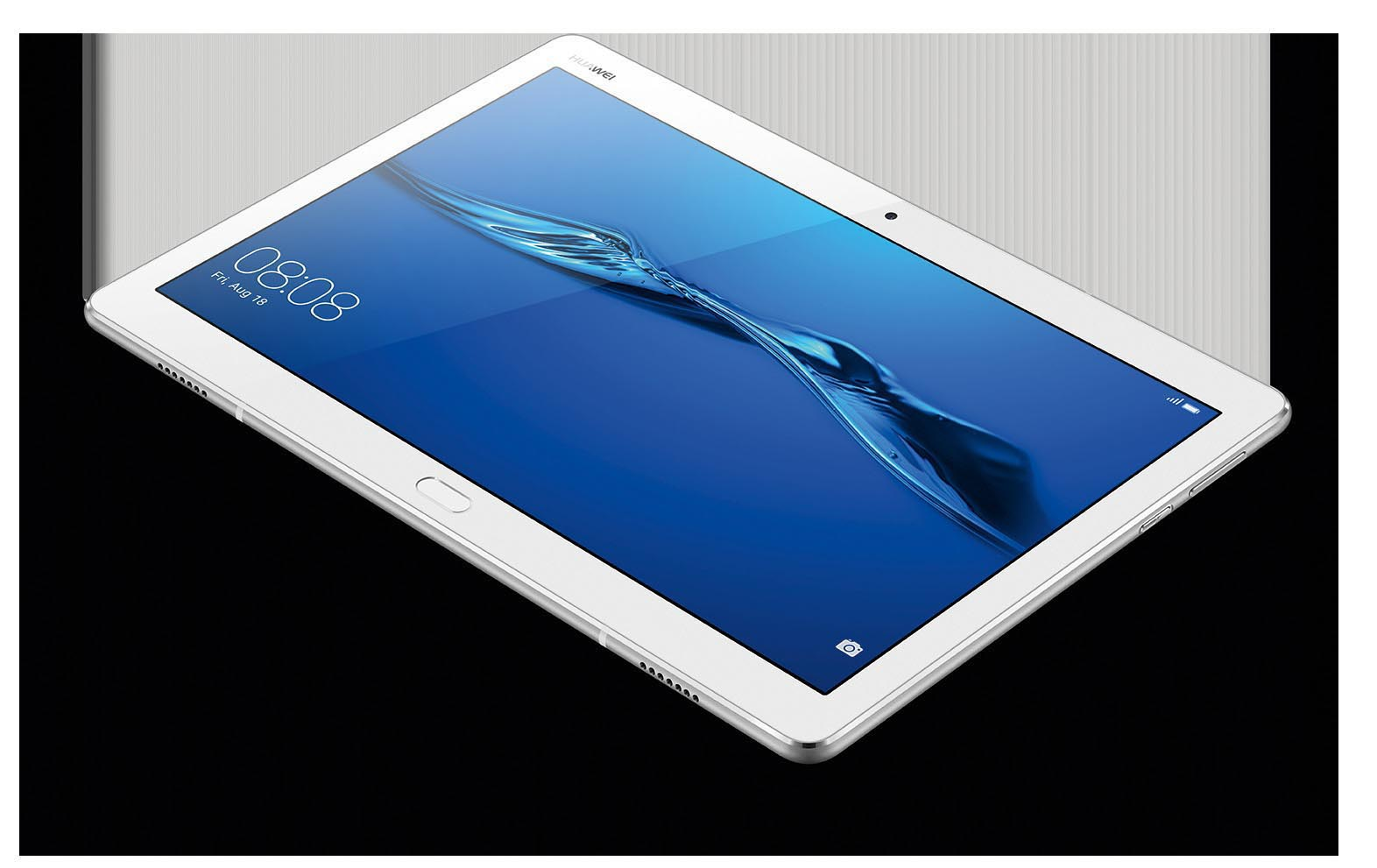 Ein weißes Tablet mit blauem Bildschirm. Der Bildschirm zeigt die Uhrzeit und das Datum: 08:08, Fr, 18. Aug.