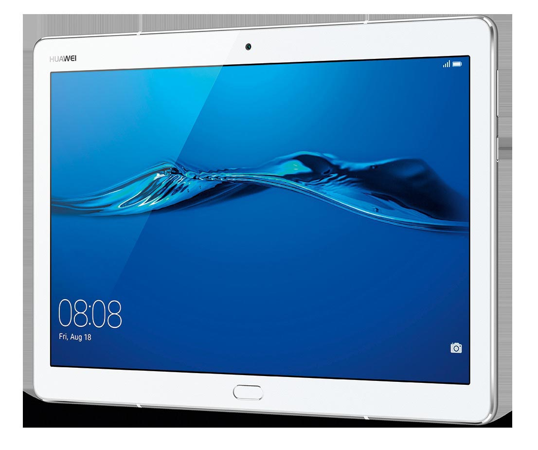 Ein weißes Huawei-Tablet mit blauem Bildschirm, der Wasserwellen zeigt. Die Uhrzeit 08:08 wird angezeigt.