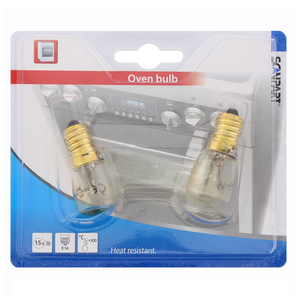 Two oven bulbs in a package, with labels and an oven image.