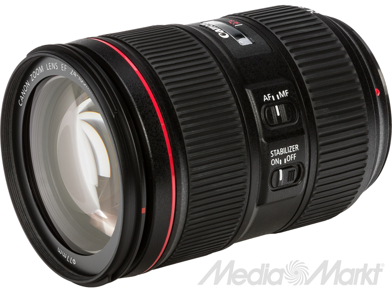Canon zoom objektív piros gyűrűvel. Felirat: Canon Zoom Lens EF 24-105mm. Fekete piros akcentussal.