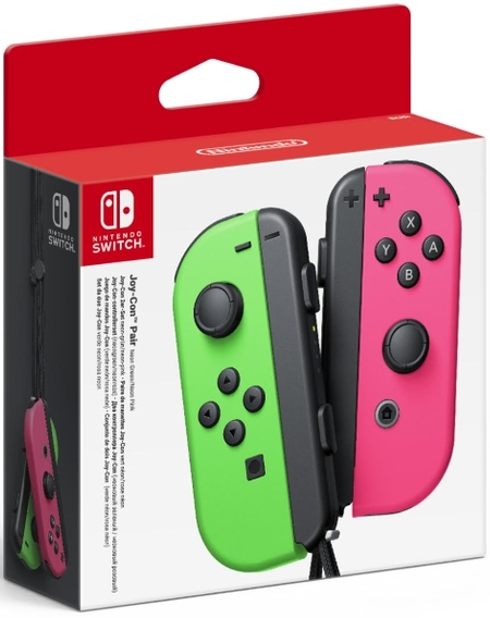 Boîte de manettes Joy-Con Nintendo Switch, couleurs verte et rose visibles.