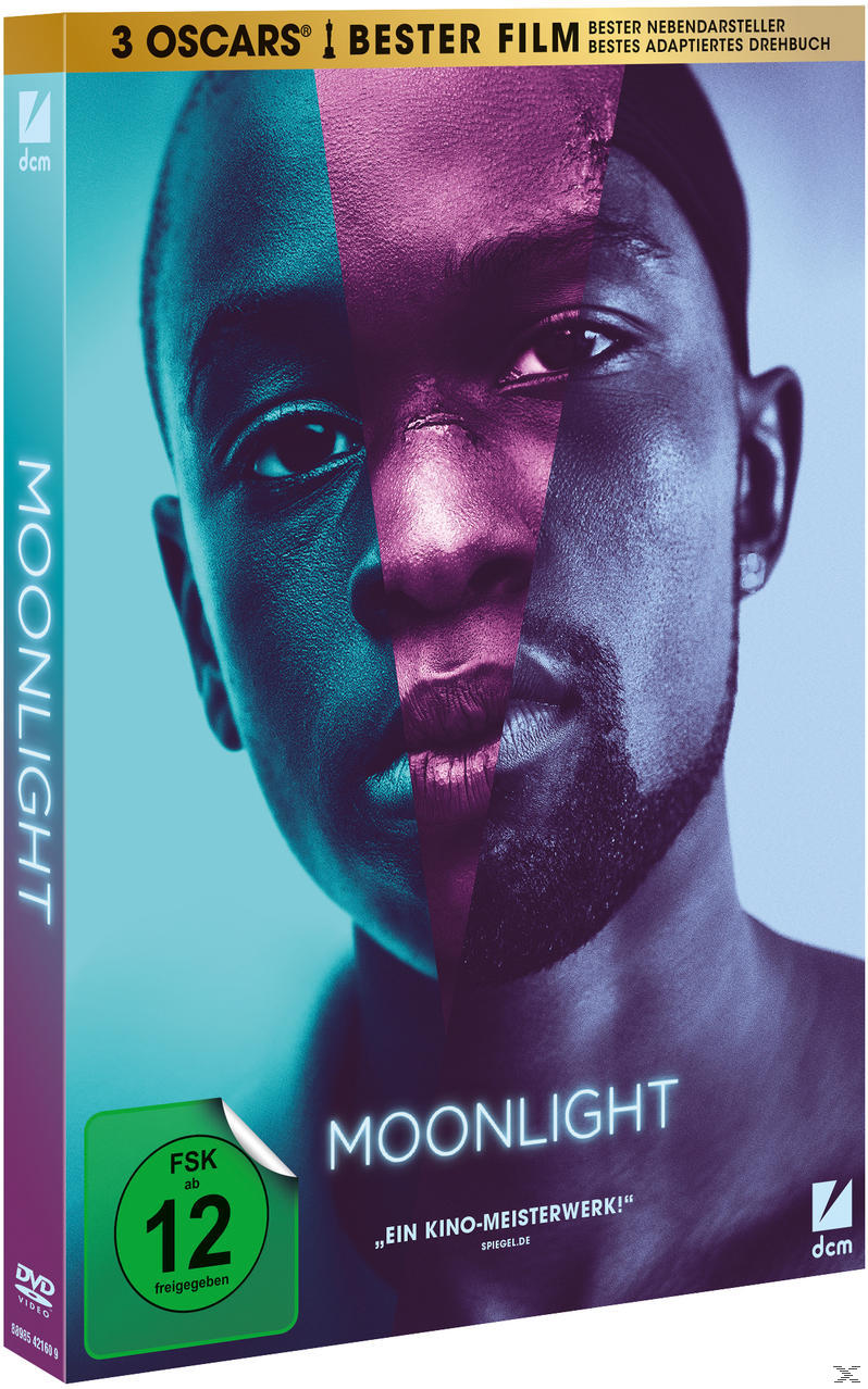 DVD-Hülle für den Film 'Moonlight' mit einem geteilten Gesichts-Bild und Text.