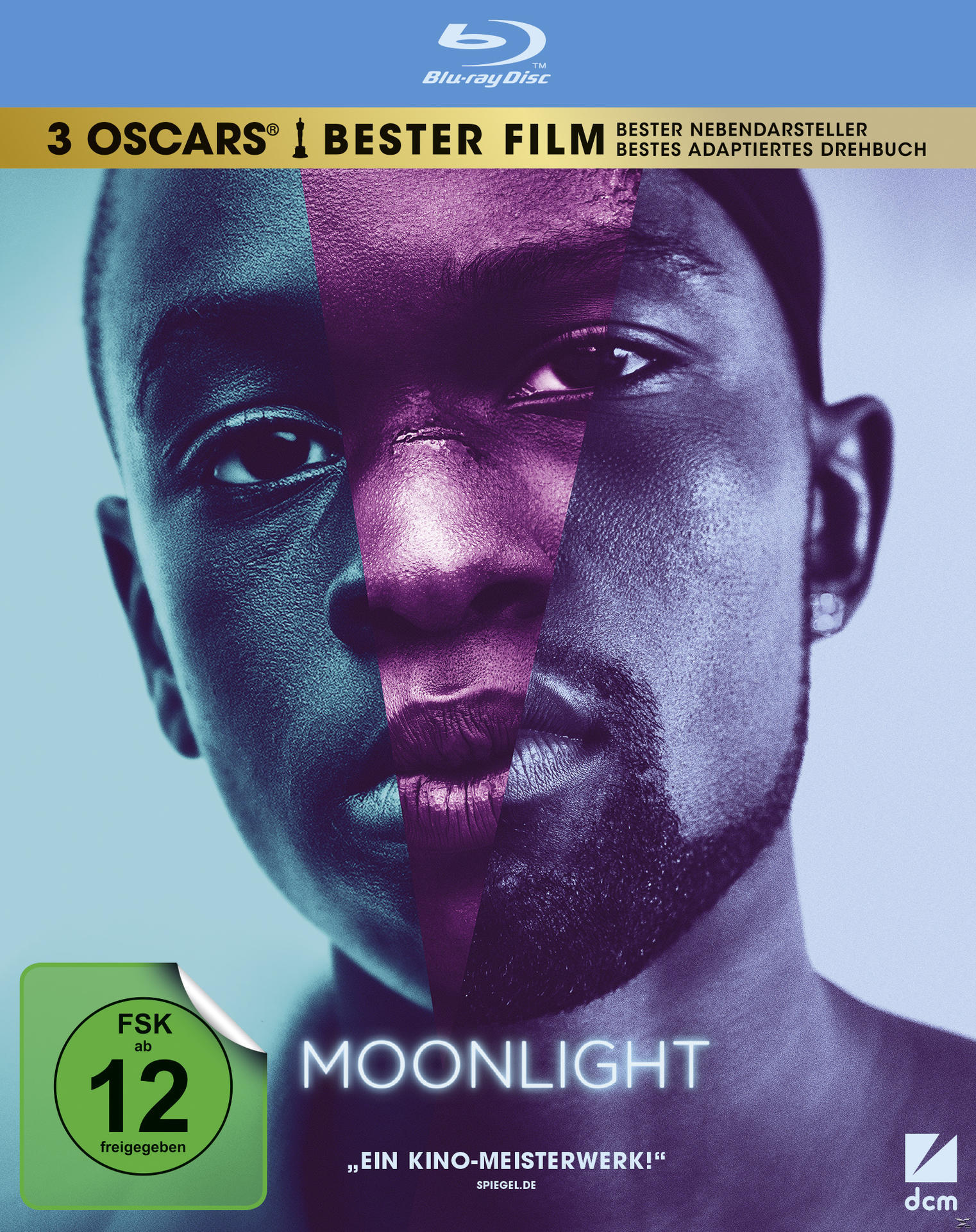 Filmcover: Gesicht eines Mannes, geteilt durch Farben, Titel: Moonlight.