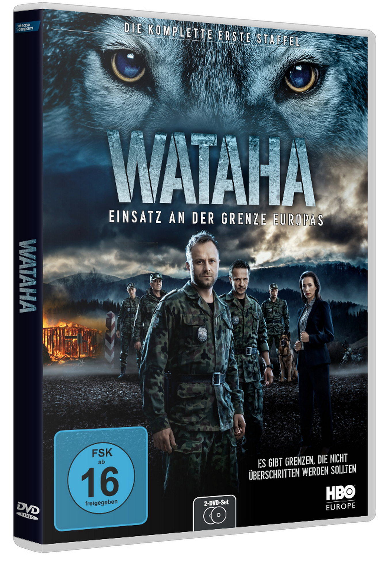 DVD-Box mit einem Wolfsgesicht und einer Gruppe von Soldaten in einer Waldkulisse.