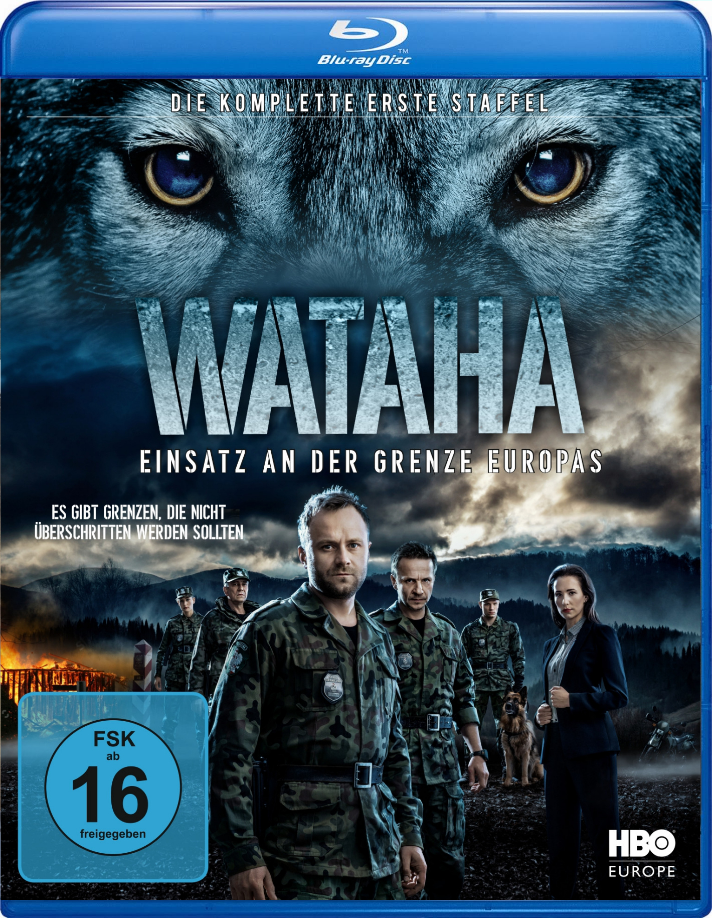 Blu-ray-Cover mit dem Gesicht eines Wolfes, Männern in Uniform und Text über die Serie.