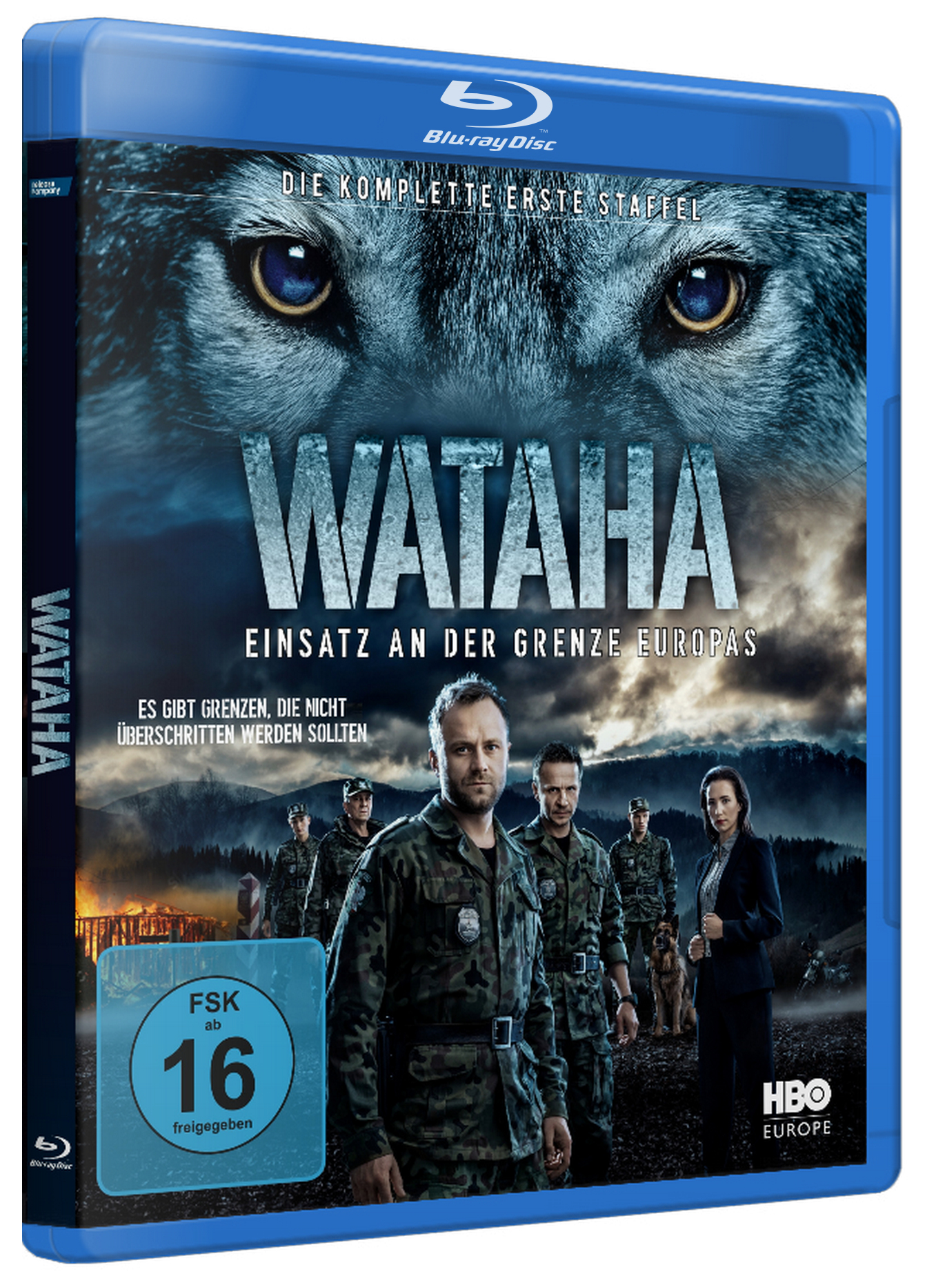 Eine Blu-ray-Hülle mit einem Filmplakat mit Soldaten und einem Wolf, blaues Gehäuse.