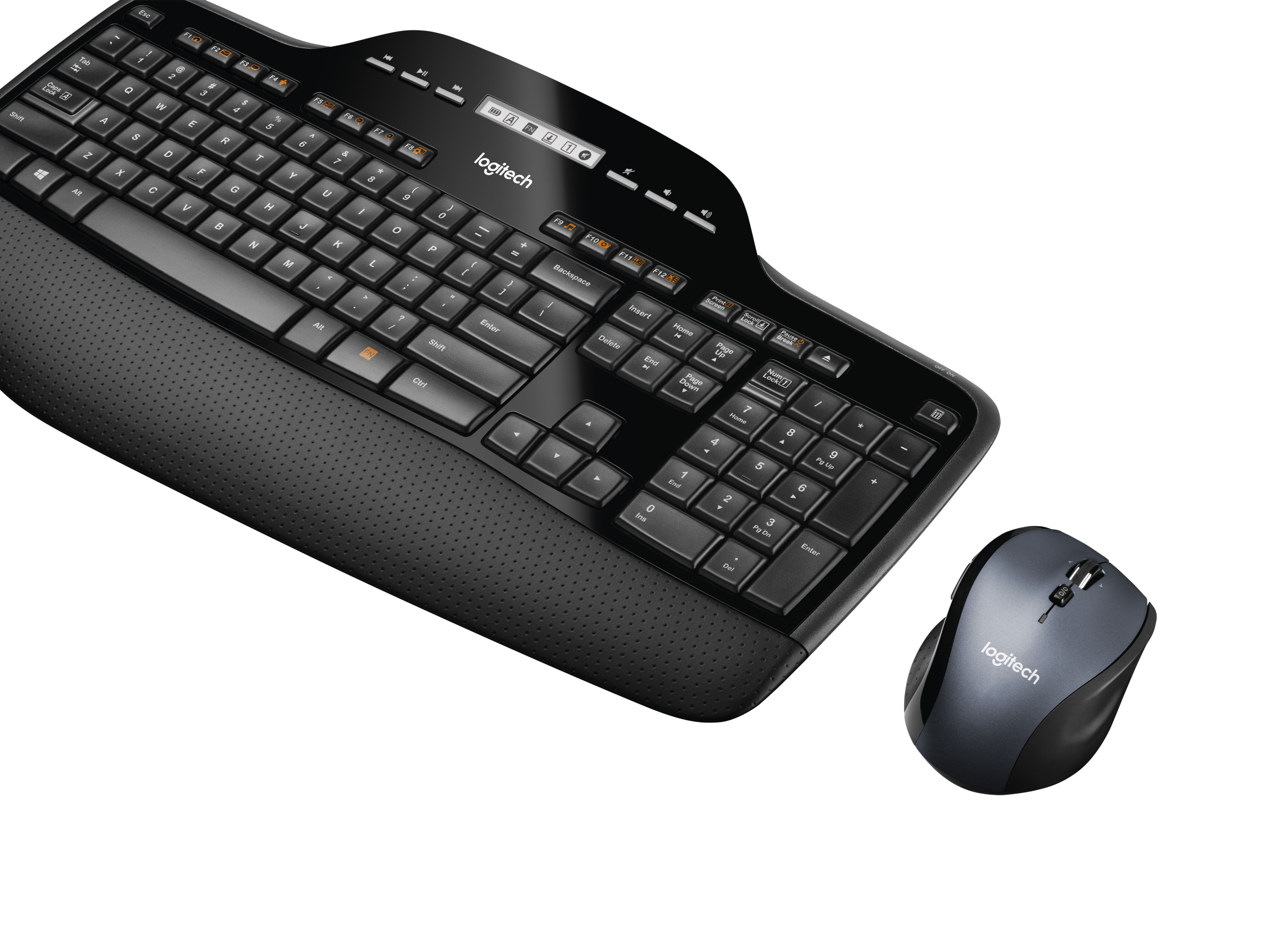 Zwarte Logitech toetsenbord en muis set. Het toetsenbord heeft een polssteun en een numeriek toetsenbord; de muis is draadloos.