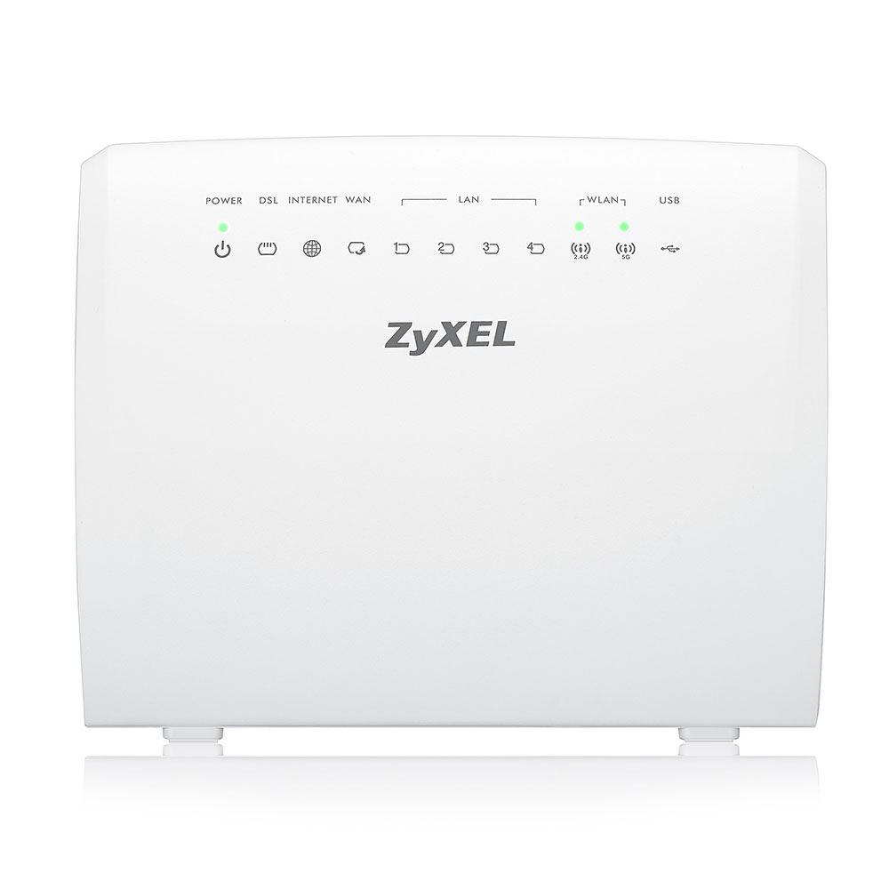 Ön tarafında çeşitli gösterge ışıkları ve ZyXEL logosu bulunan beyaz bir ZyXEL yönlendirici.