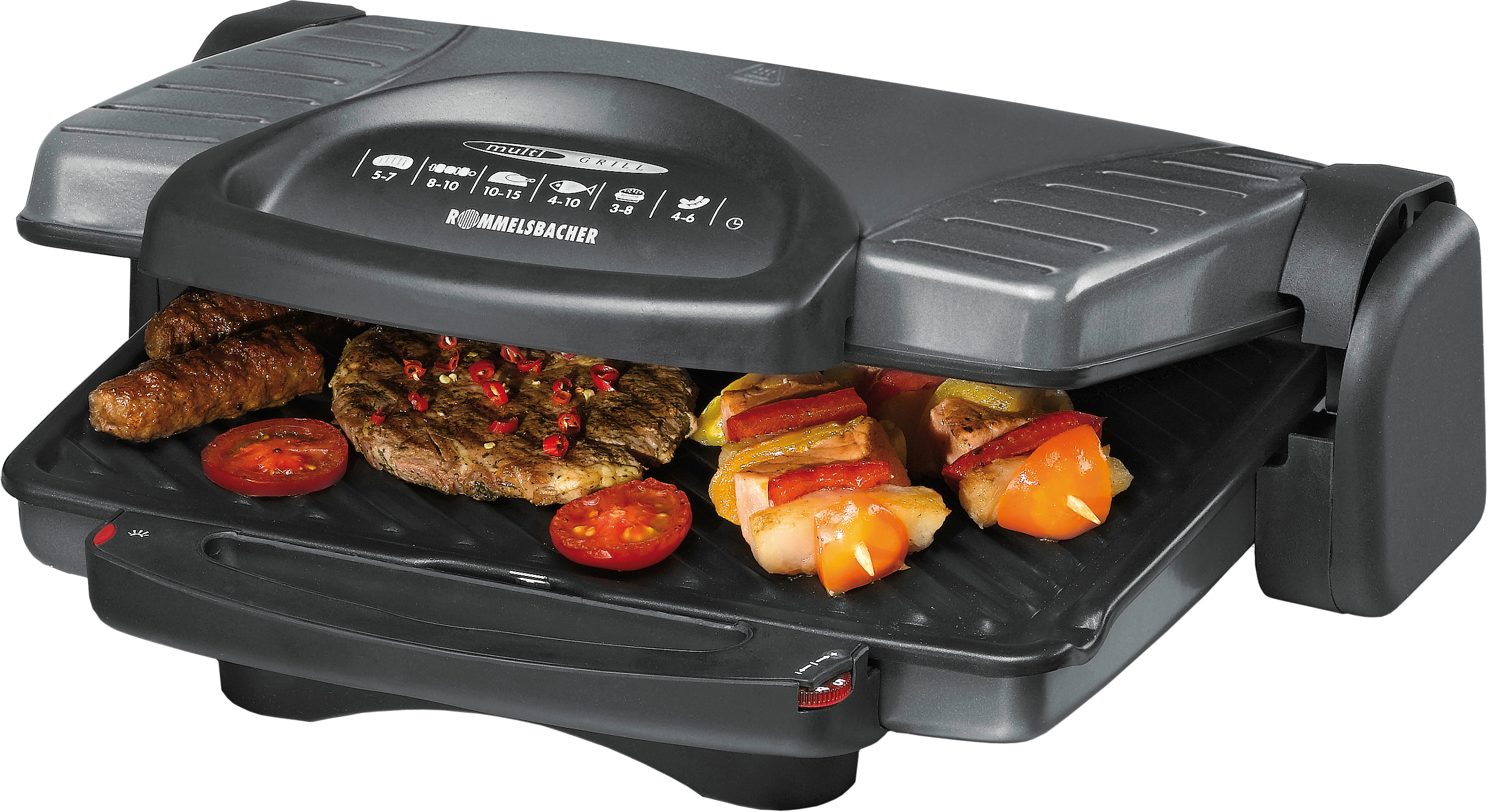 Geöffneter Grill mit gekochtem Essen: Steak, Würstchen, Tomaten und Spieße. Grill ist schwarz, Essen ist gekocht und rot und braun.
