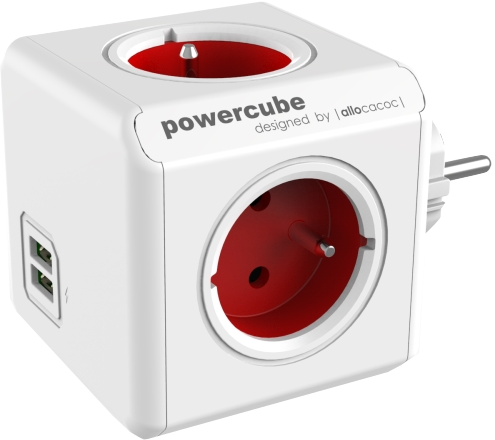 ALLOCACOC 1202RD/OUPC PowerCube Original Elosztó, 4 dugalj + 2 USB csatlakozó, piros