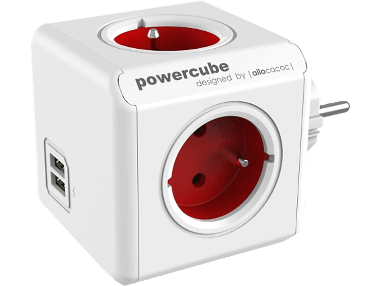 ALLOCACOC 1202RD/OUPC PowerCube Original Elosztó, 4 dugalj + 2 USB csatlakozó, piros