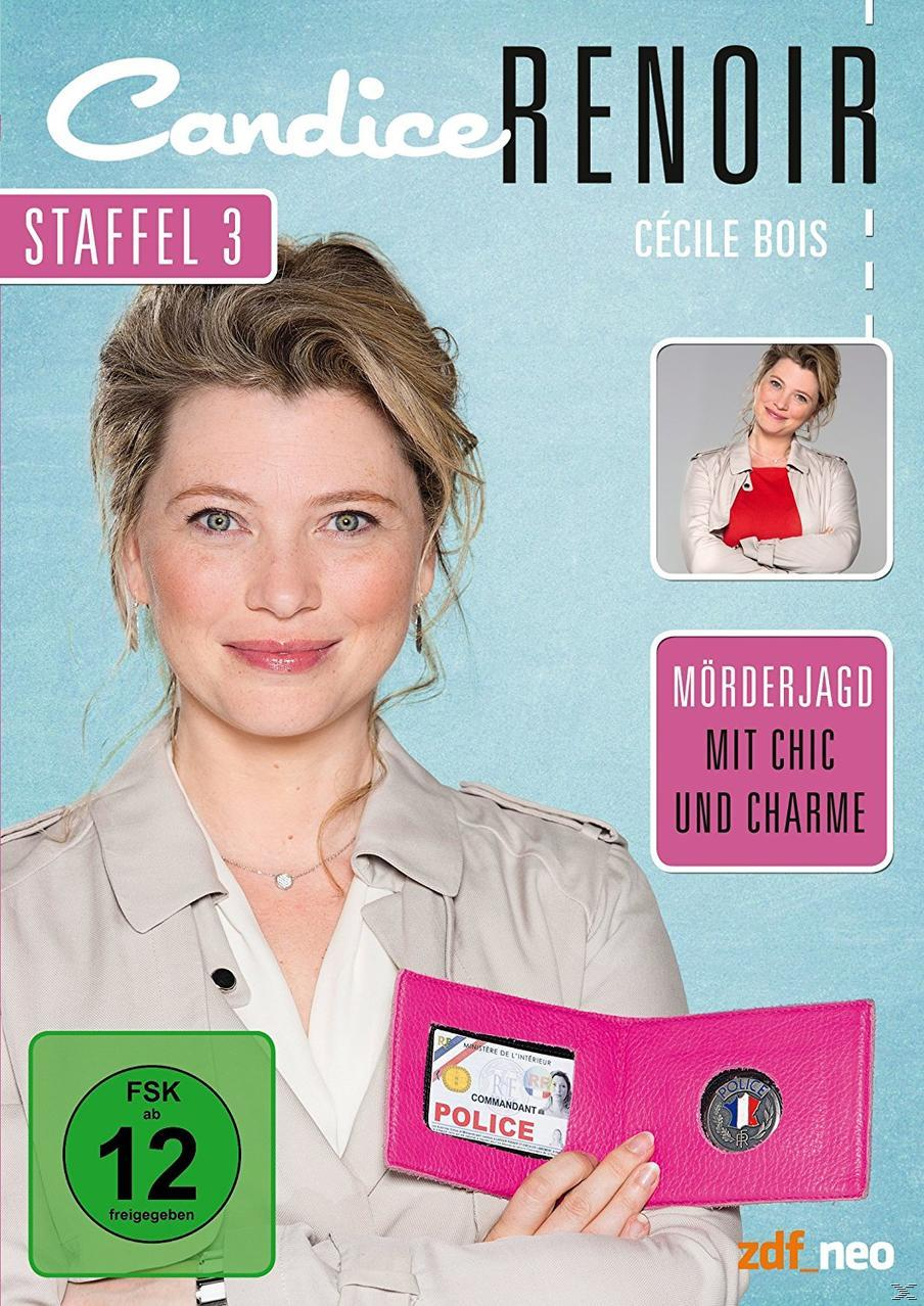 DVD-Cover für „Candice Renoir“. Frau in einem Trenchcoat. Eine rosa Geldbörse ist sichtbar.