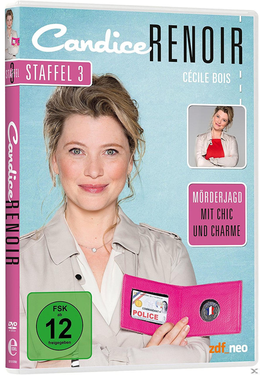 DVD-Cover der Serie Candice Renoir. Zeigt eine lächelnde Frau mit Text. Blauer Hintergrund.