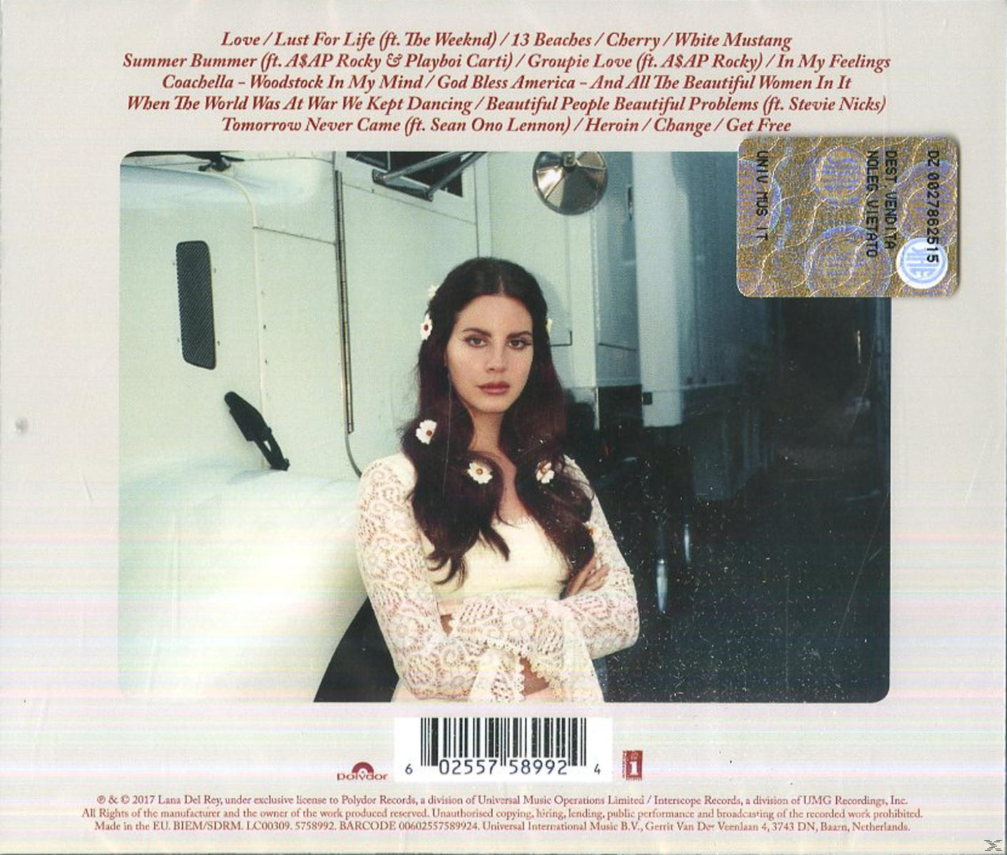 Pochette d'album avec Lana Del Rey, liste de chansons et texte: Love, Lust For Life, etc.
