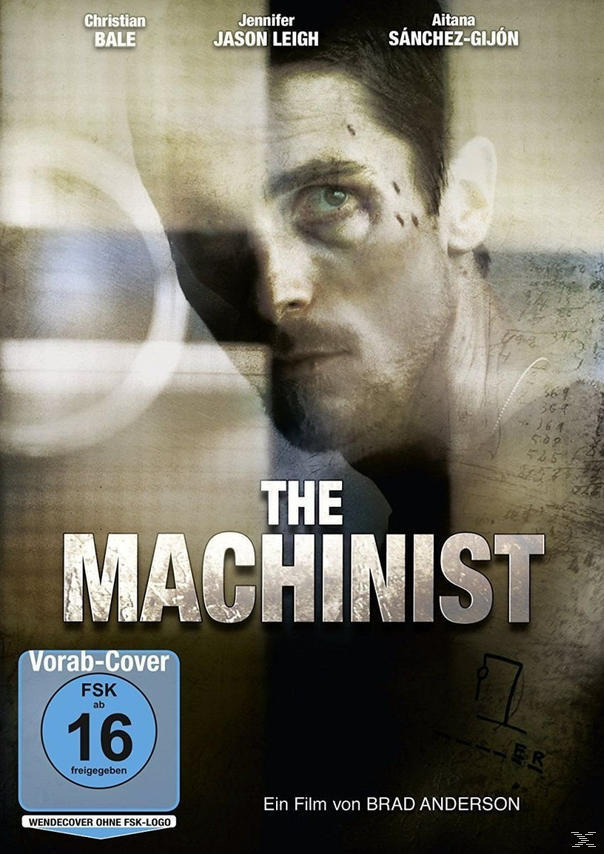 Filmposter für The Machinist. Christian Bales Gesicht ist geteilt. Dunkler Hintergrund mit Text.