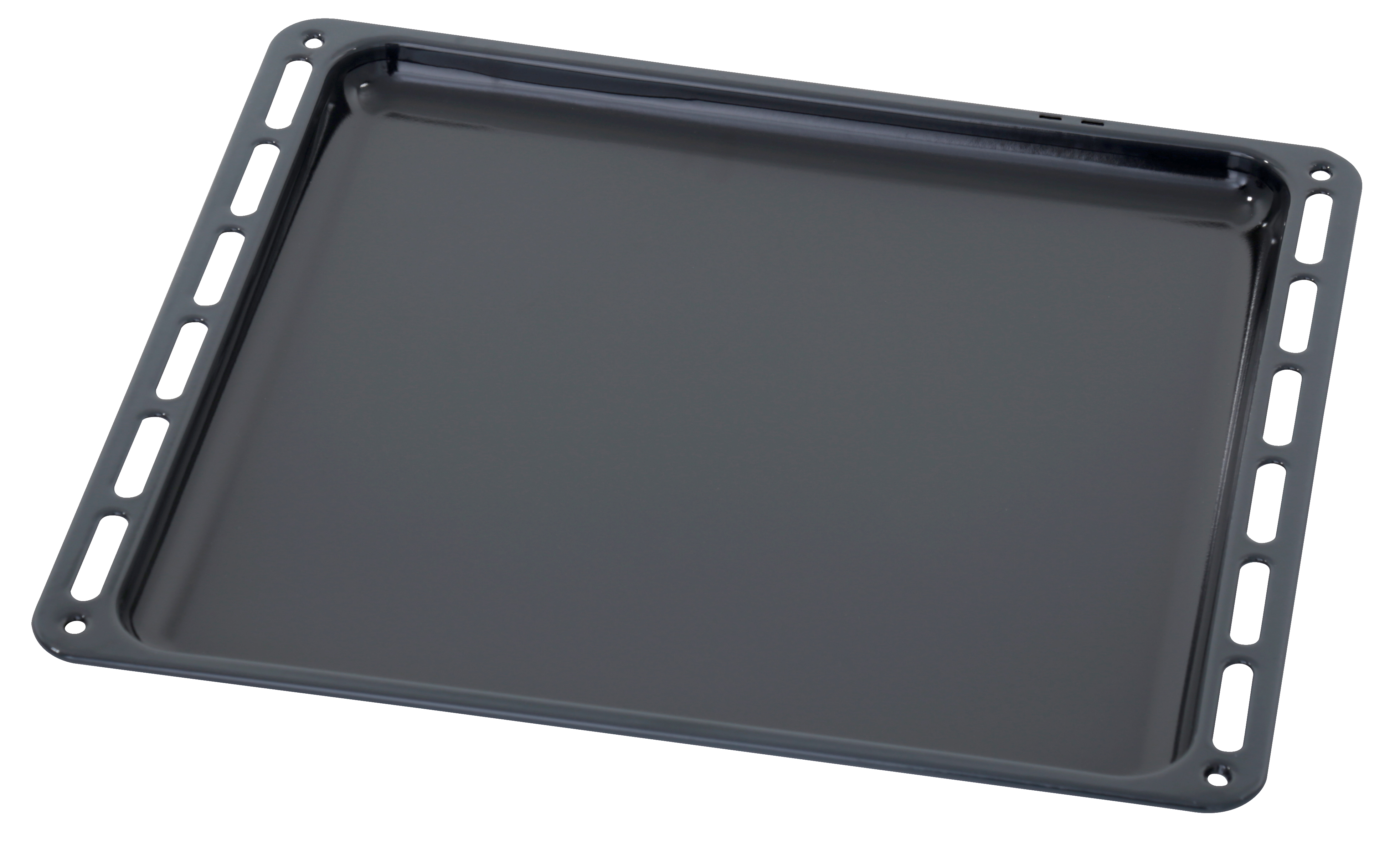 Black oven tray with a rectangular shape. The tray has slightly raised edges.