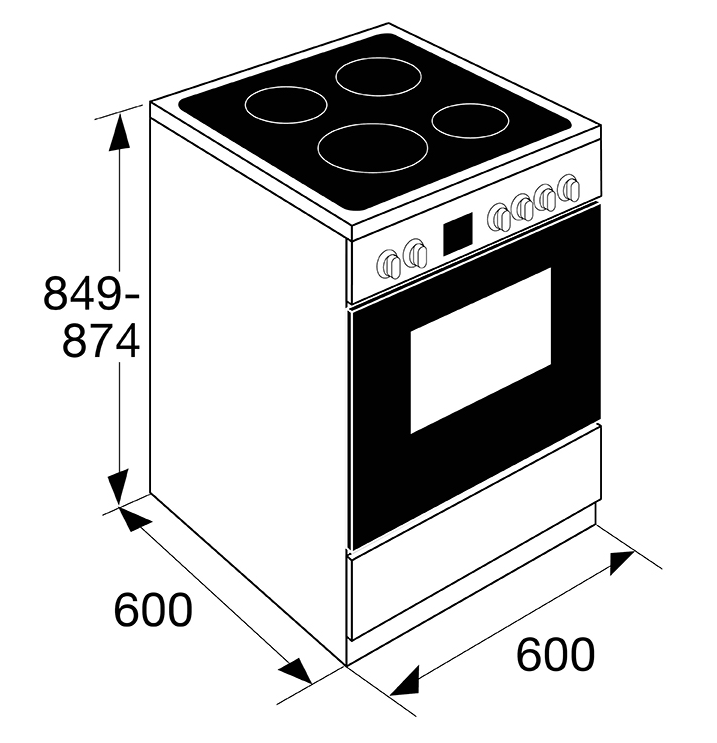 An oven with black top, four burners and a black door with dimensions in mm.