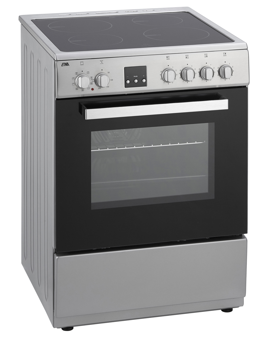 An electric stove with four cooking zones and a black glass ceramic cooktop, with oven below.