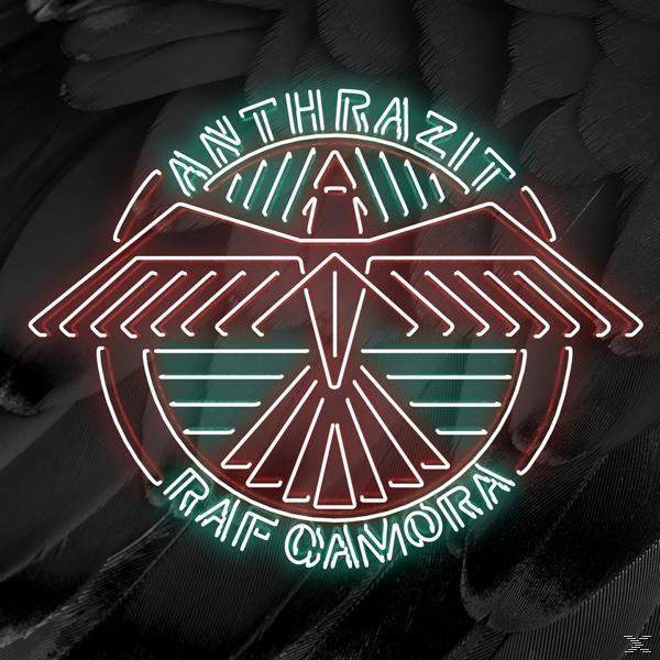 Ein Neon-Schild mit dem Text: Anthrazit Raf Camora. Ein Adler-Design befindet sich in der Mitte.