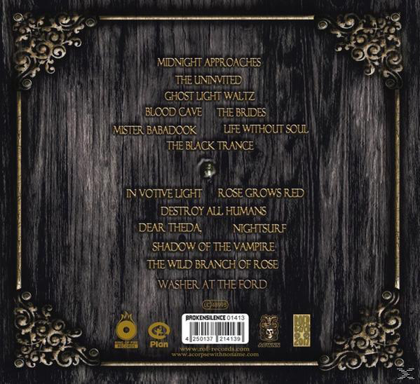 Albumcover mit Text, goldenen Dekorationselementen, dunklem Holz Hintergrund.