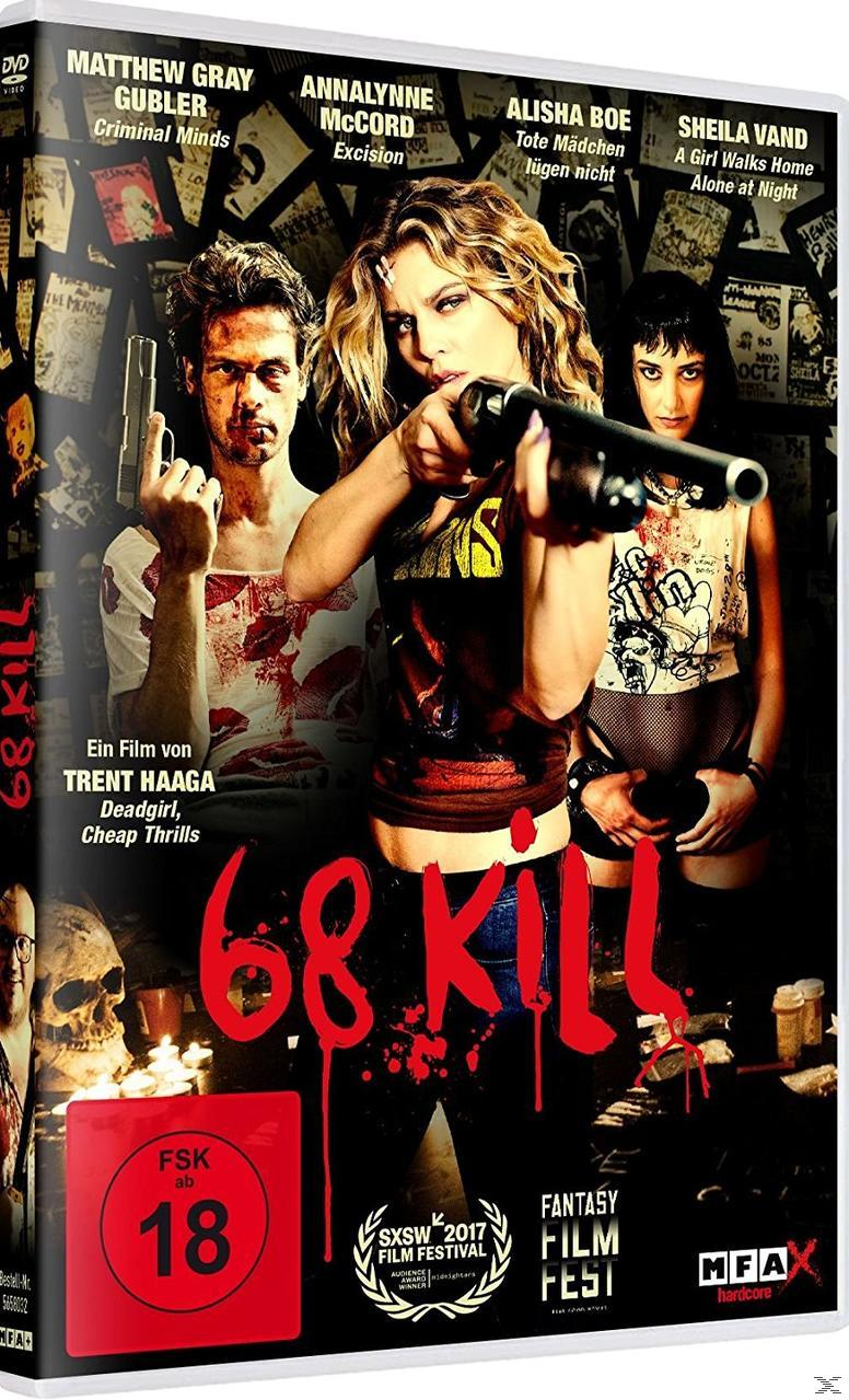 Filmposter für '68 Kill' mit drei Personen, die Waffen halten, einem Totenkopf und einer roten '18'-Bewertung.
