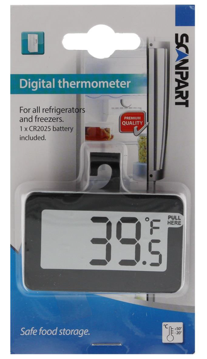 Digital thermometer in a package, displays 39.5°F. White and blue background.