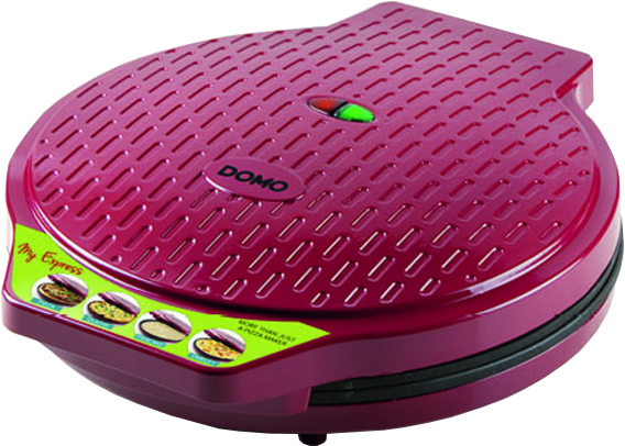 Une machine à pizza bordeaux avec le mot DOMO dessus. A des lumières vertes et rouges en haut.