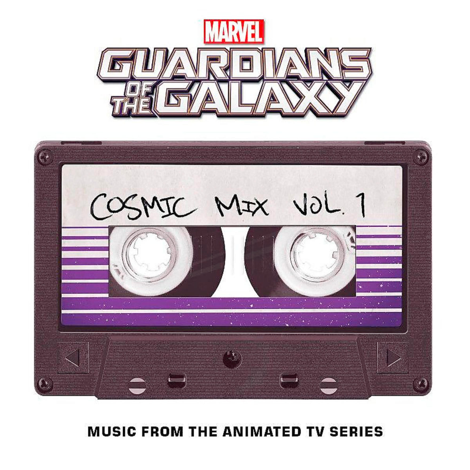 Cassettebandje met 'Cosmic Mix Vol. 1' label. 'Guardians of the Galaxy' logo.