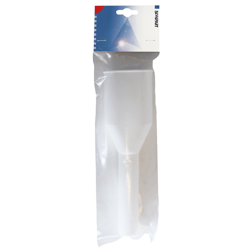 Witte plastic trechter in een doorzichtige plastic zak met een Scanpart label. Witte achtergrond.