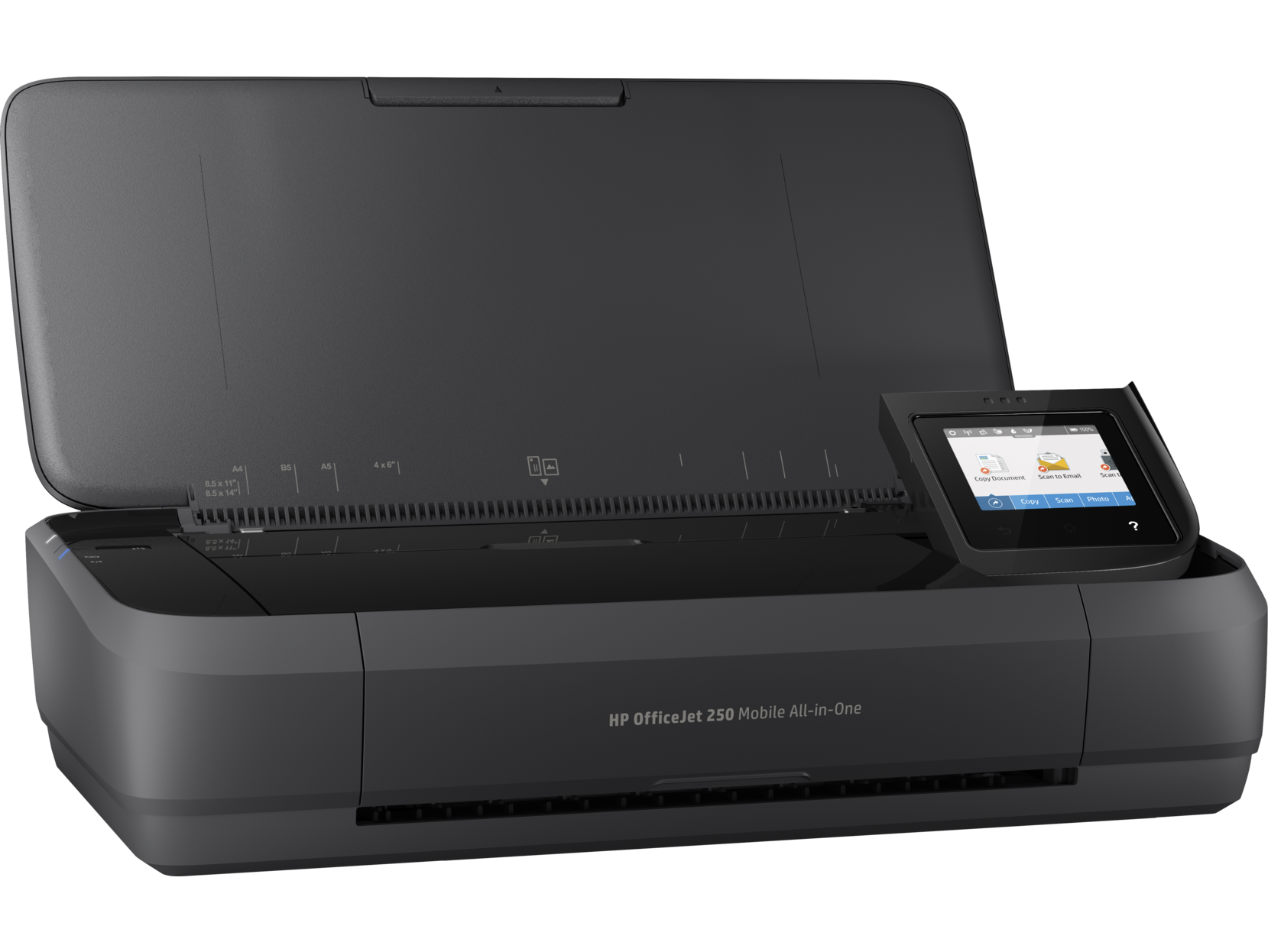 Black HP OfficeJet printer with an open top. Shows a display screen and a black background.