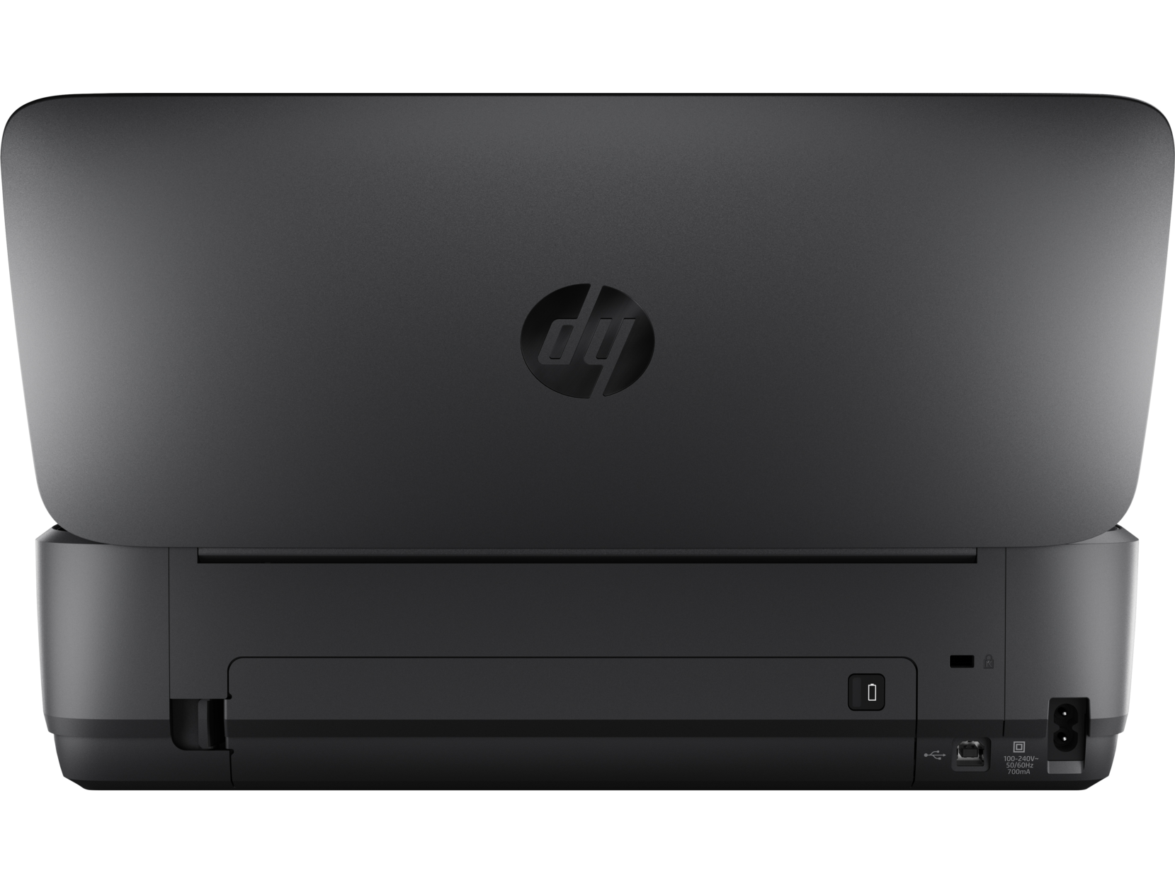 Black HP printer. The back of the printer is visible, with the HP logo in the center.